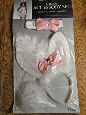 Women Bunny Accessory Set White Pink Faux Fur Ears Headband Tail Choker 5 Pcs NI